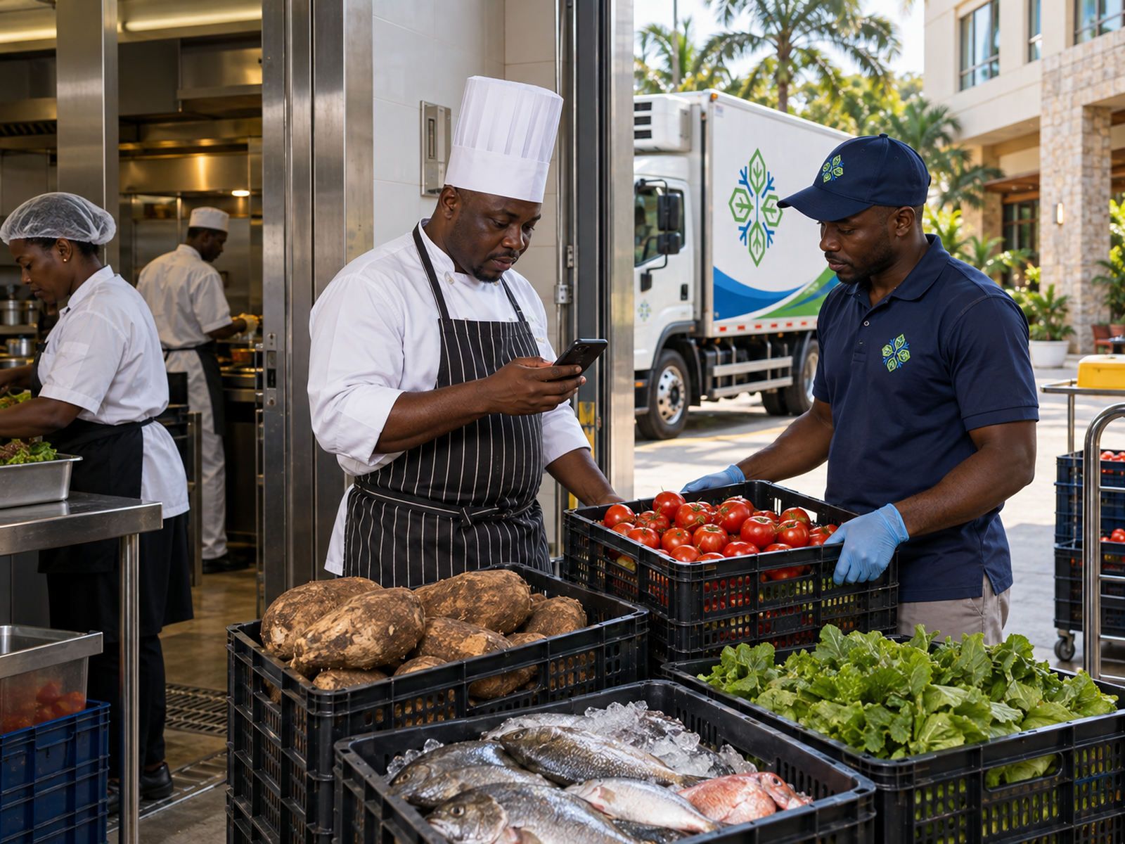 A chef receiving crates of fresh produce and fish at a hotel kitchen door