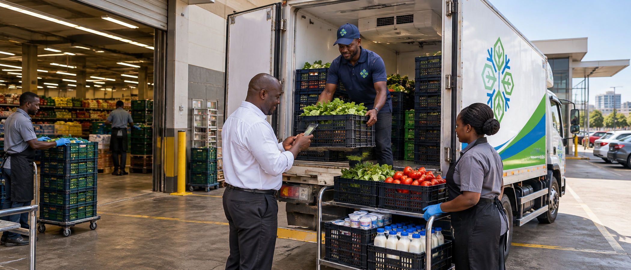 A driver handing over chilled crates at a supermarket loading bay