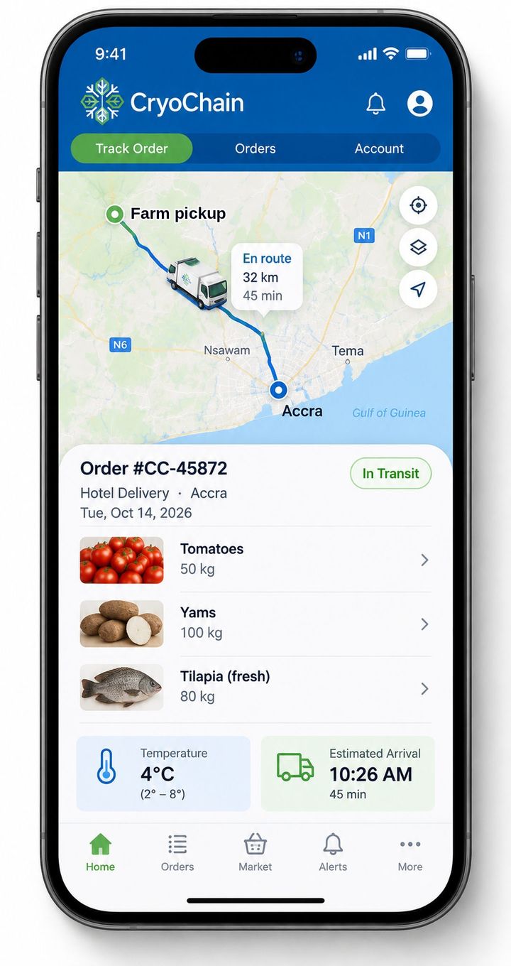 The CryoChain app showing an order being tracked on a map with its temperature