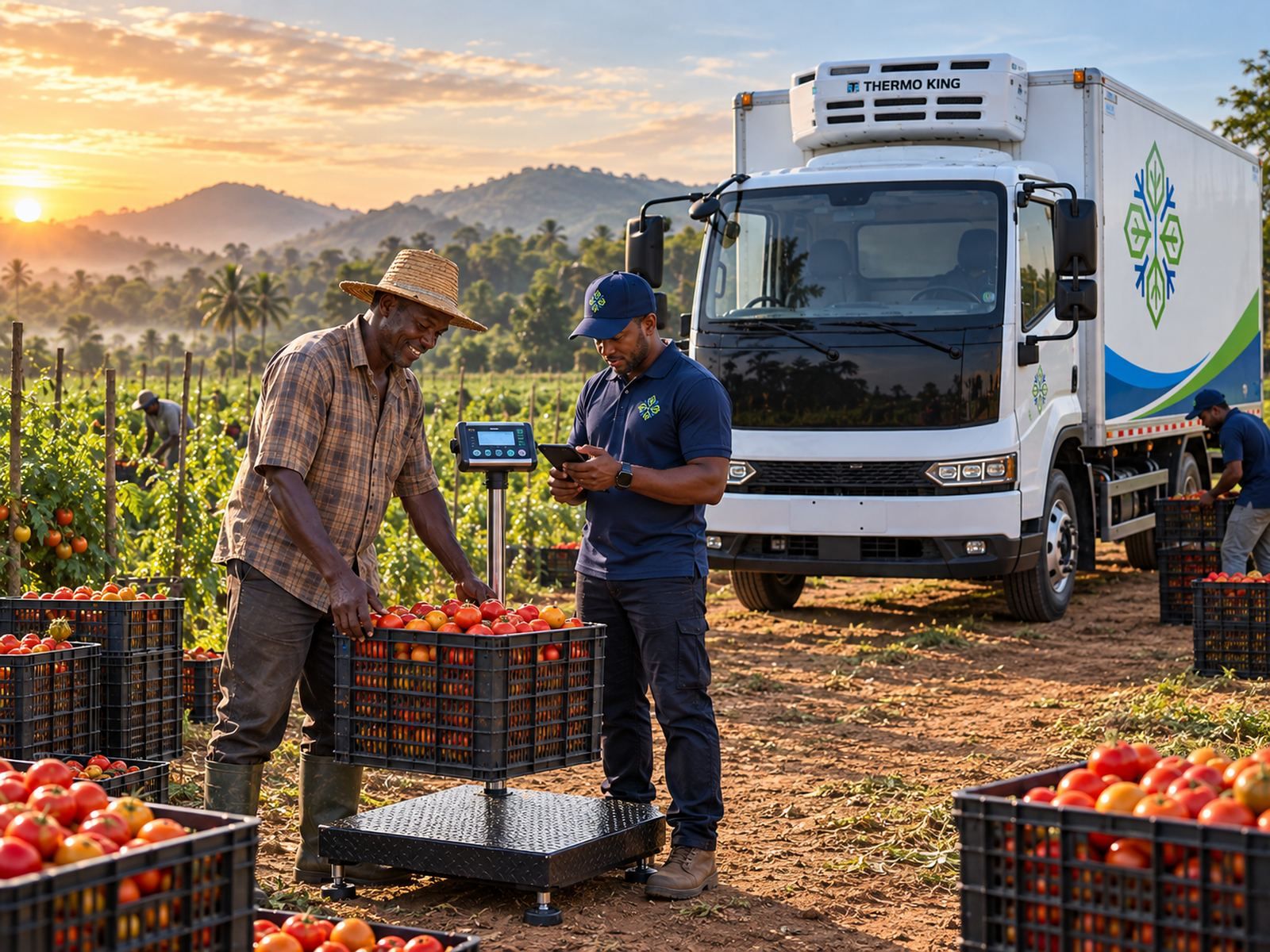 A farmer and a CryoChain agent weighing crates of tomatoes beside a refrigerated truck