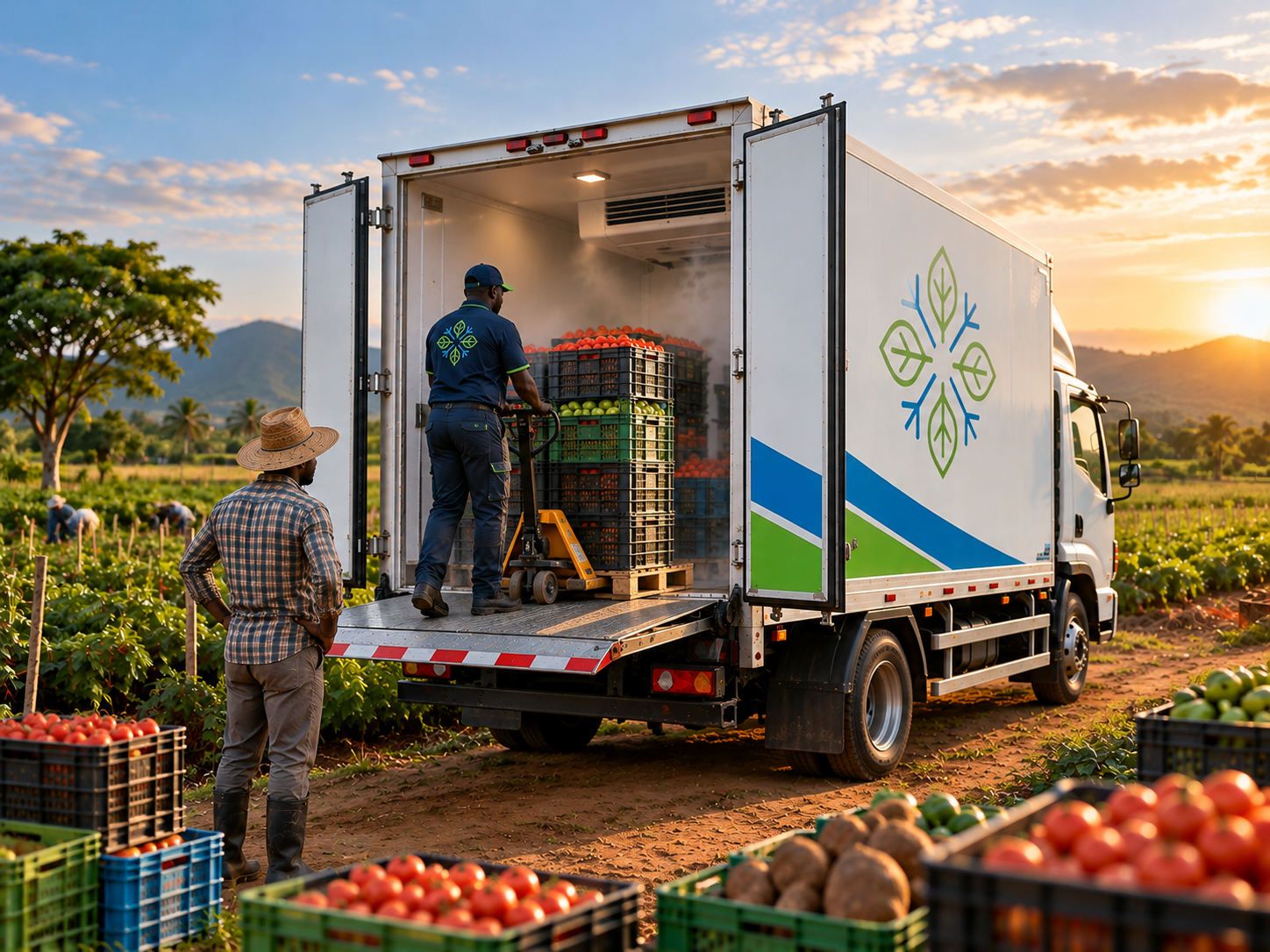 A refrigerated truck with rear doors open as crates of fresh produce are loaded