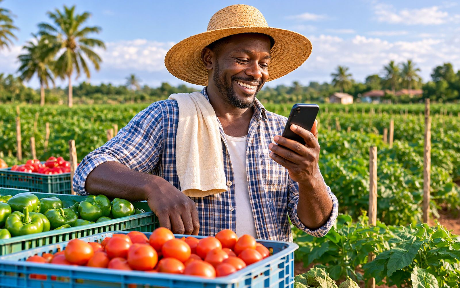 A farmer smiling at a mobile money payment on his phone
