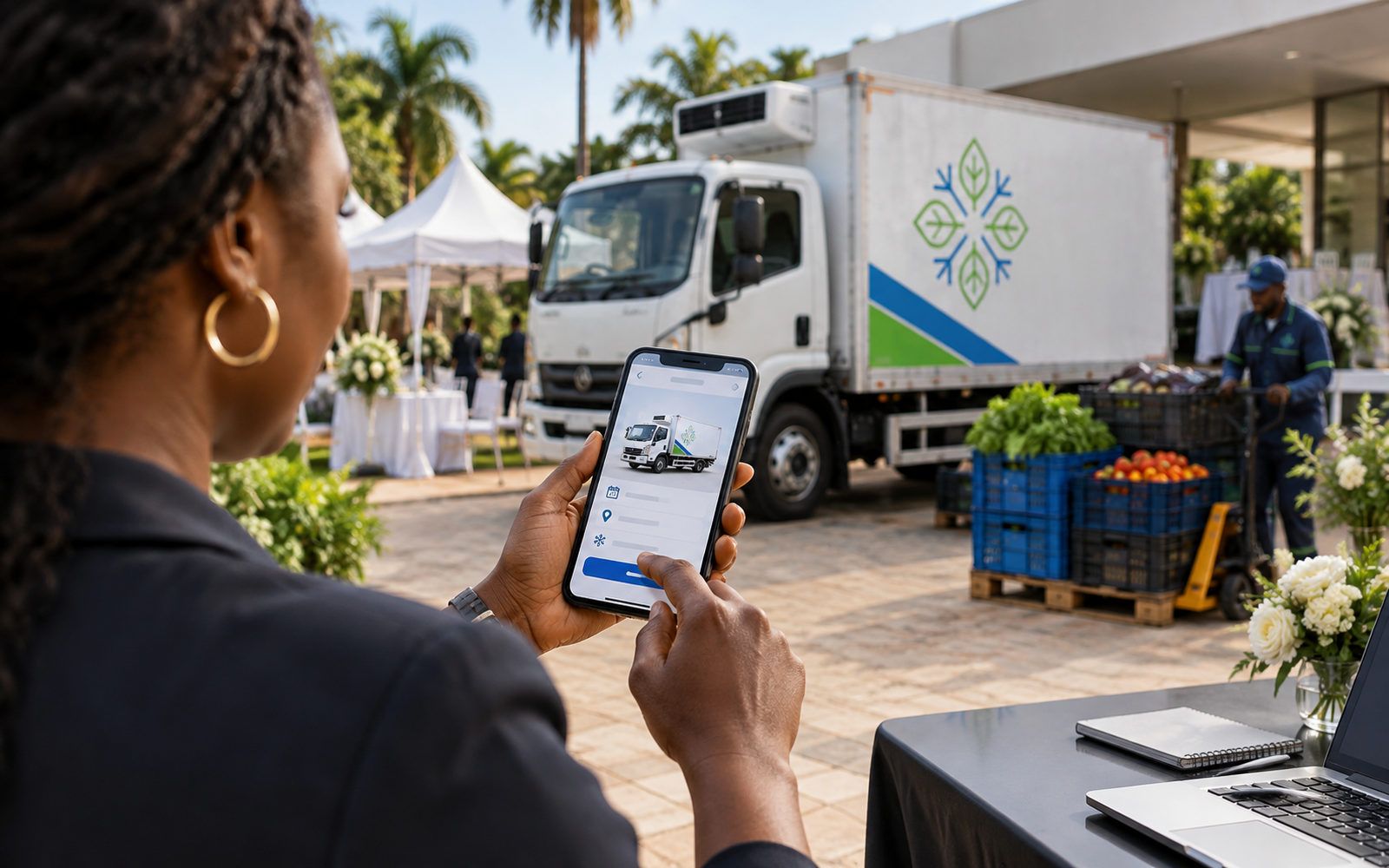 A person booking a refrigerated truck on a phone
