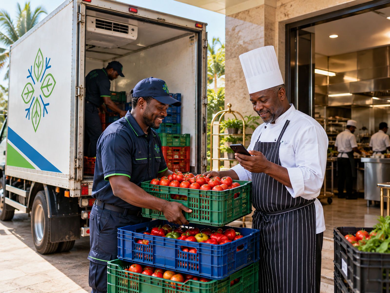 A hotel chef checking a temperature reading as fresh tomatoes arrive