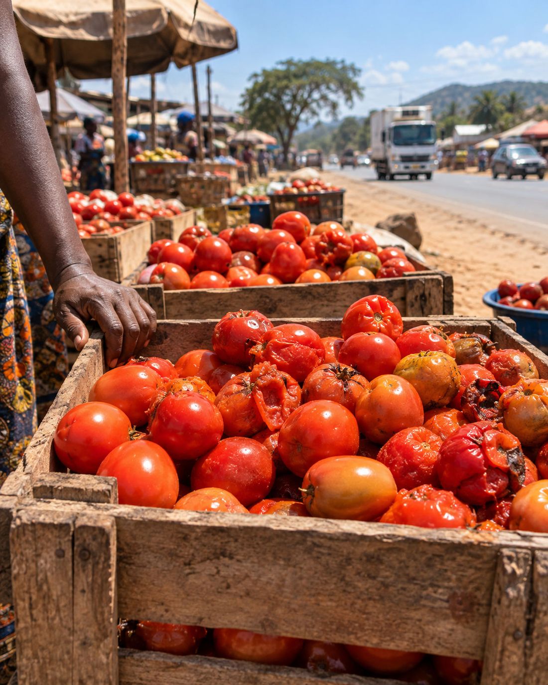 Crates of tomatoes softening in the hot sun at a roadside market