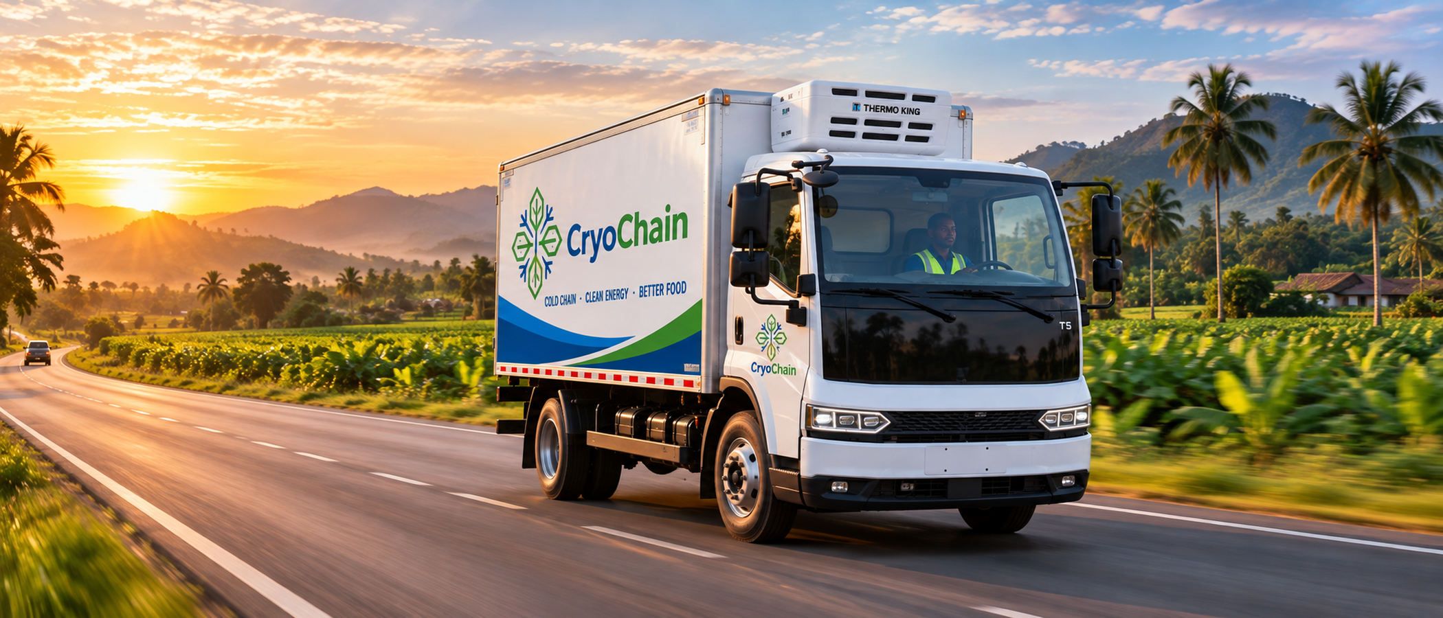 A refrigerated truck driving along a road through green Ghanaian farmland