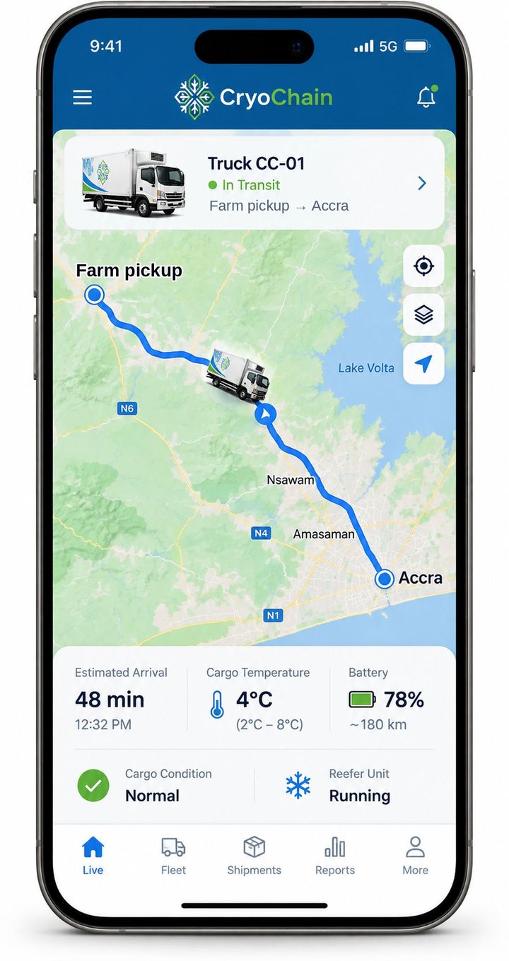 The CryoChain app on a phone showing a live truck on a map
