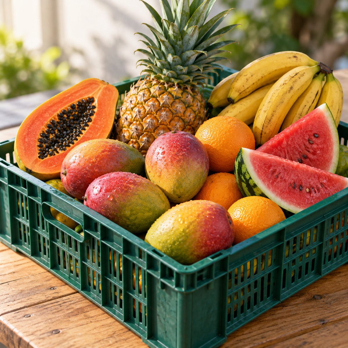 A crate of fresh mangoes, pineapples, papaya and bananas