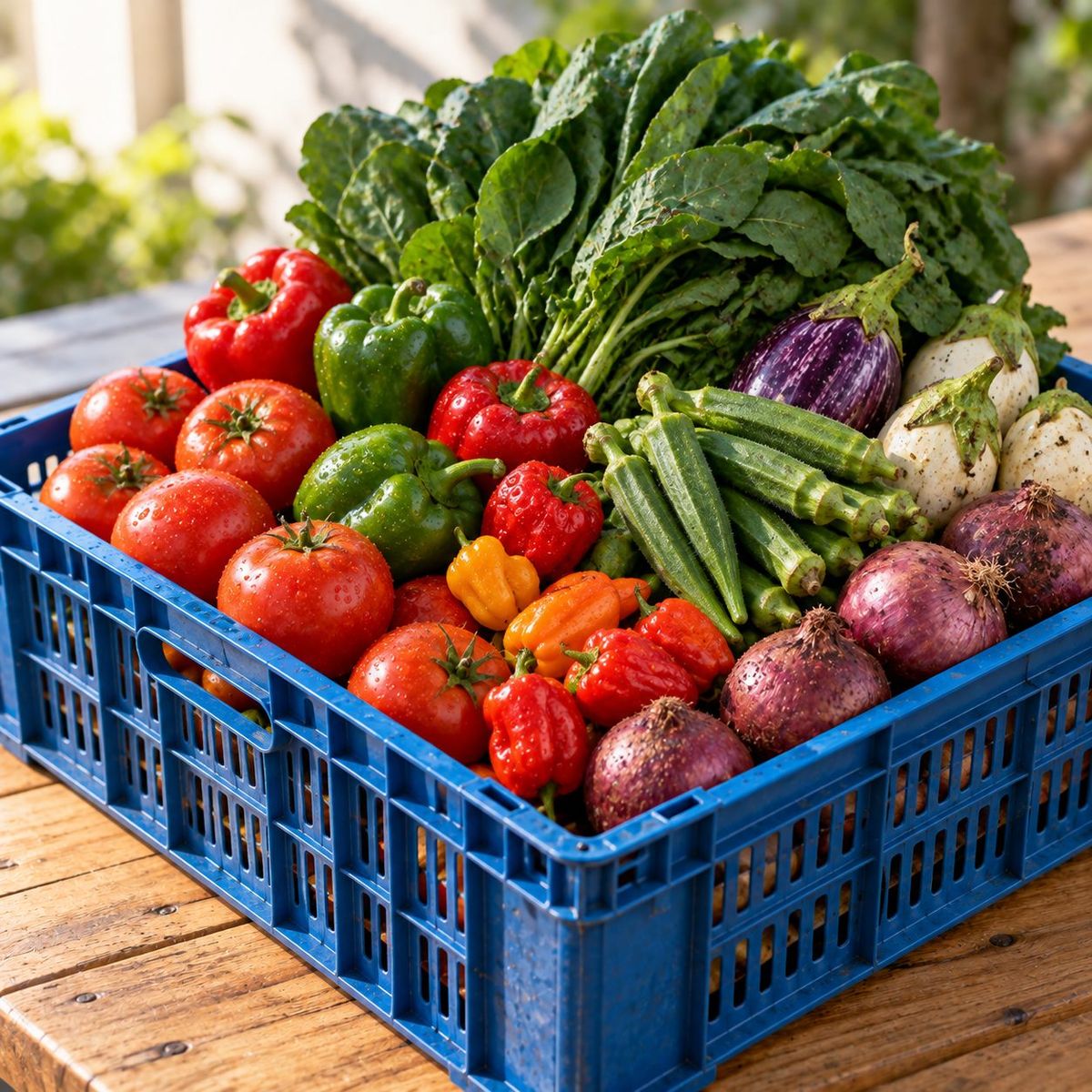 A crate of tomatoes, peppers, okra and leafy greens