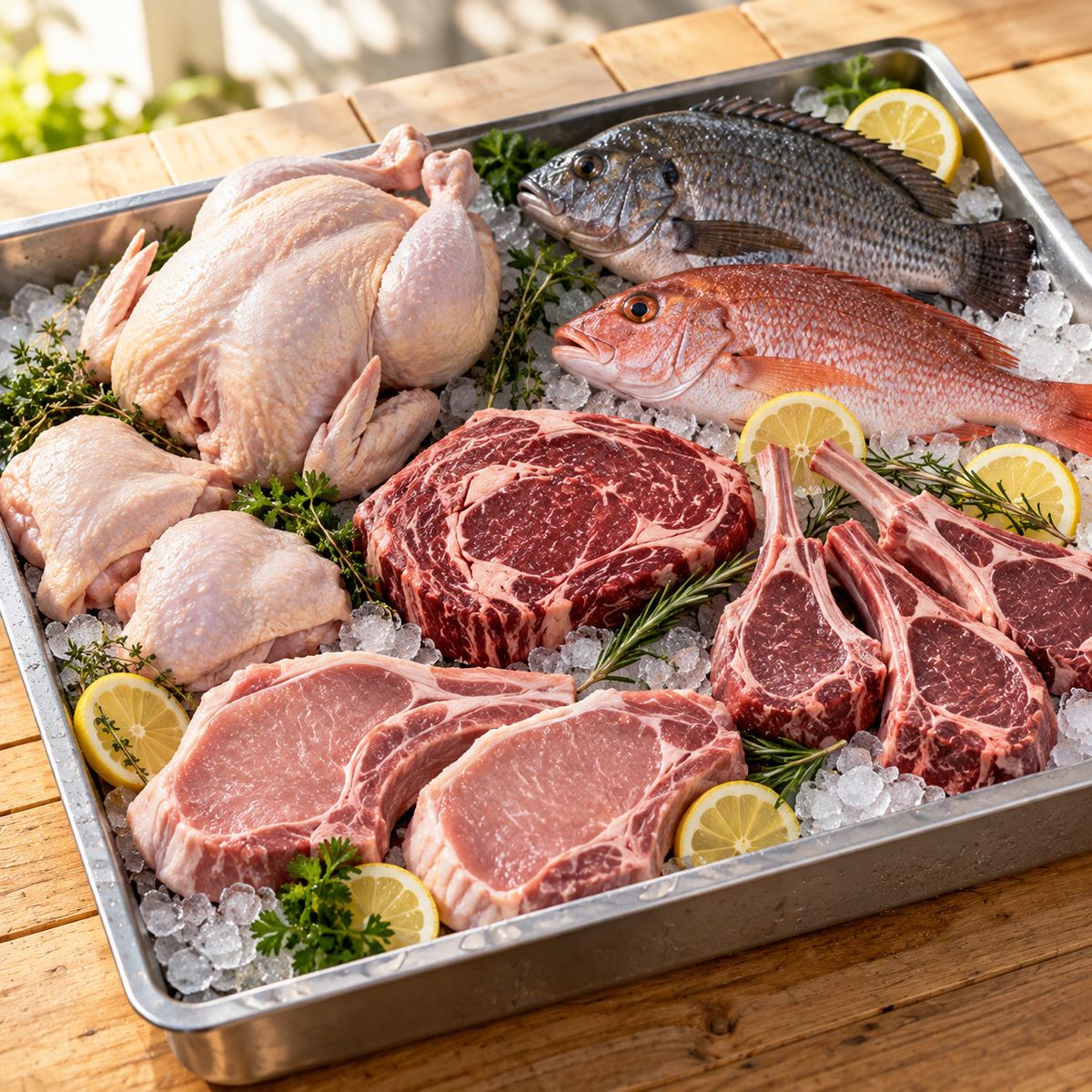Fresh chicken, fish, a beef steak, lamb chops and pork chops on crushed ice