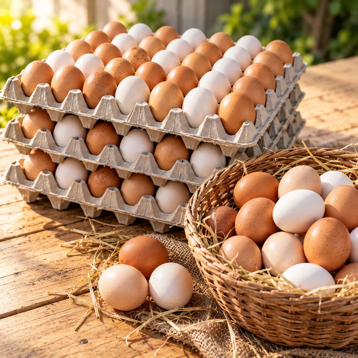 Trays of fresh brown eggs stacked beside a basket of eggs