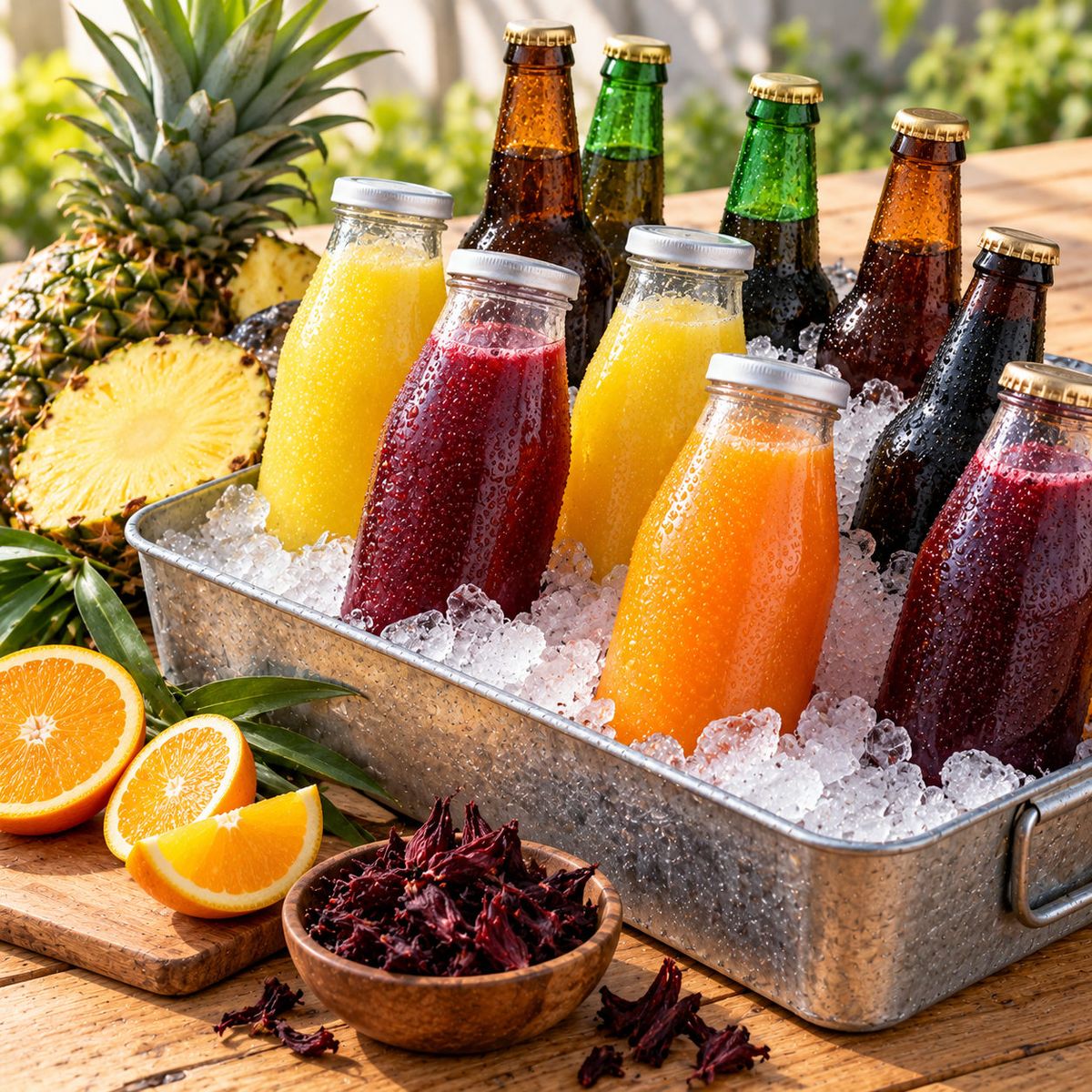 Chilled bottles of juice, sobolo, beer and malt drinks on ice