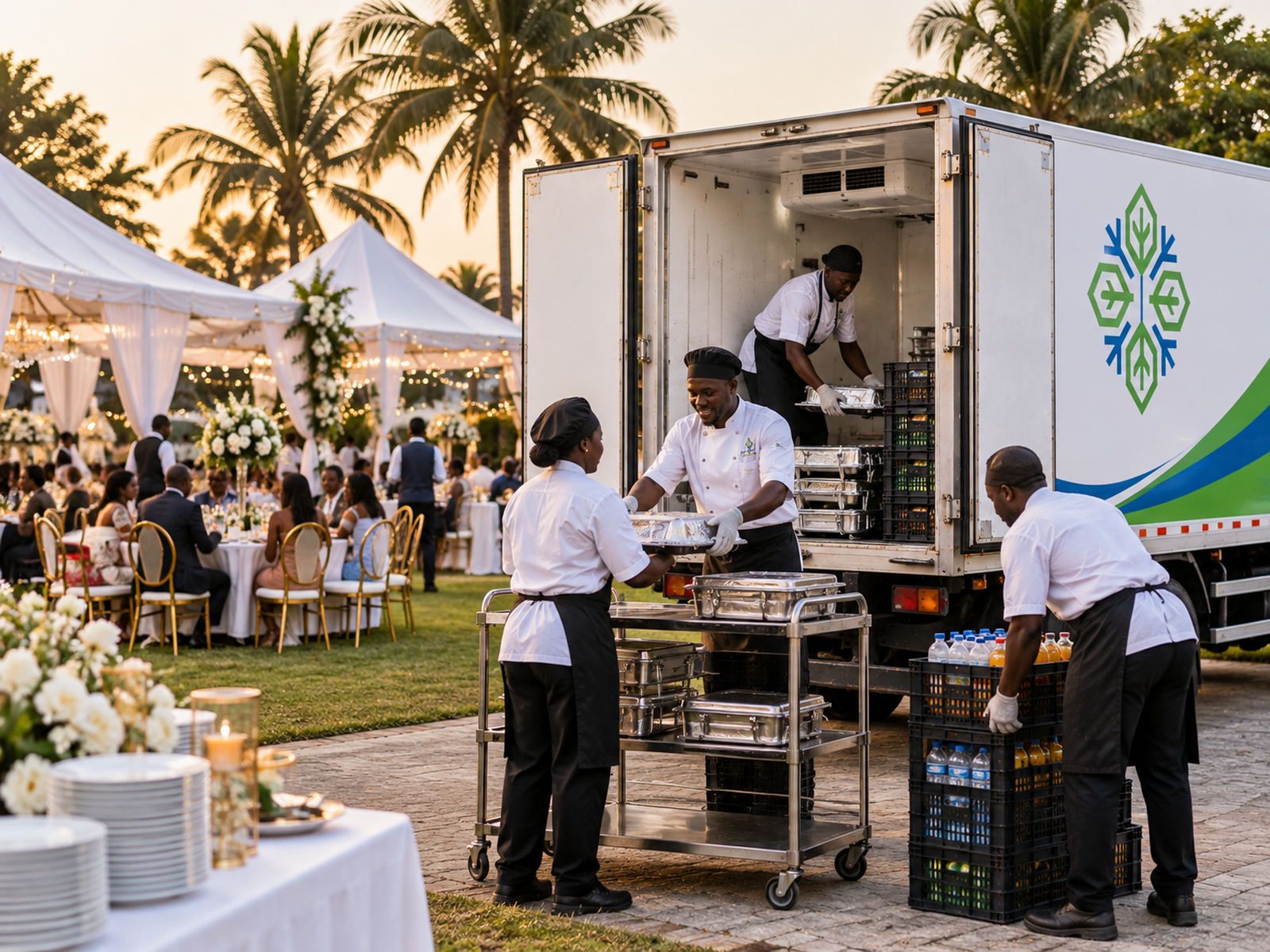 A refrigerated truck parked behind an outdoor event while caterers unload trays