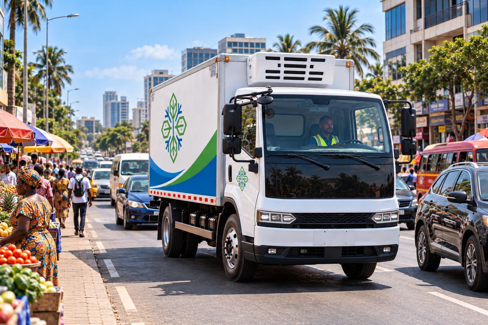 A refrigerated truck in city traffic in Accra