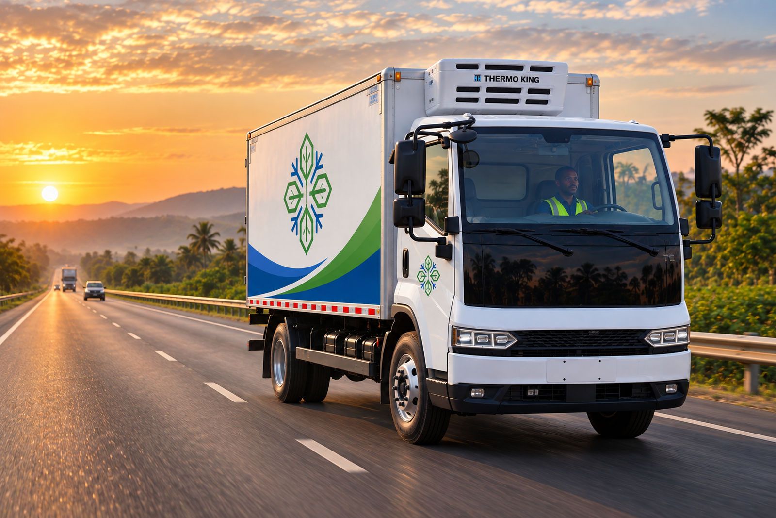 A refrigerated truck on a long road at sunrise