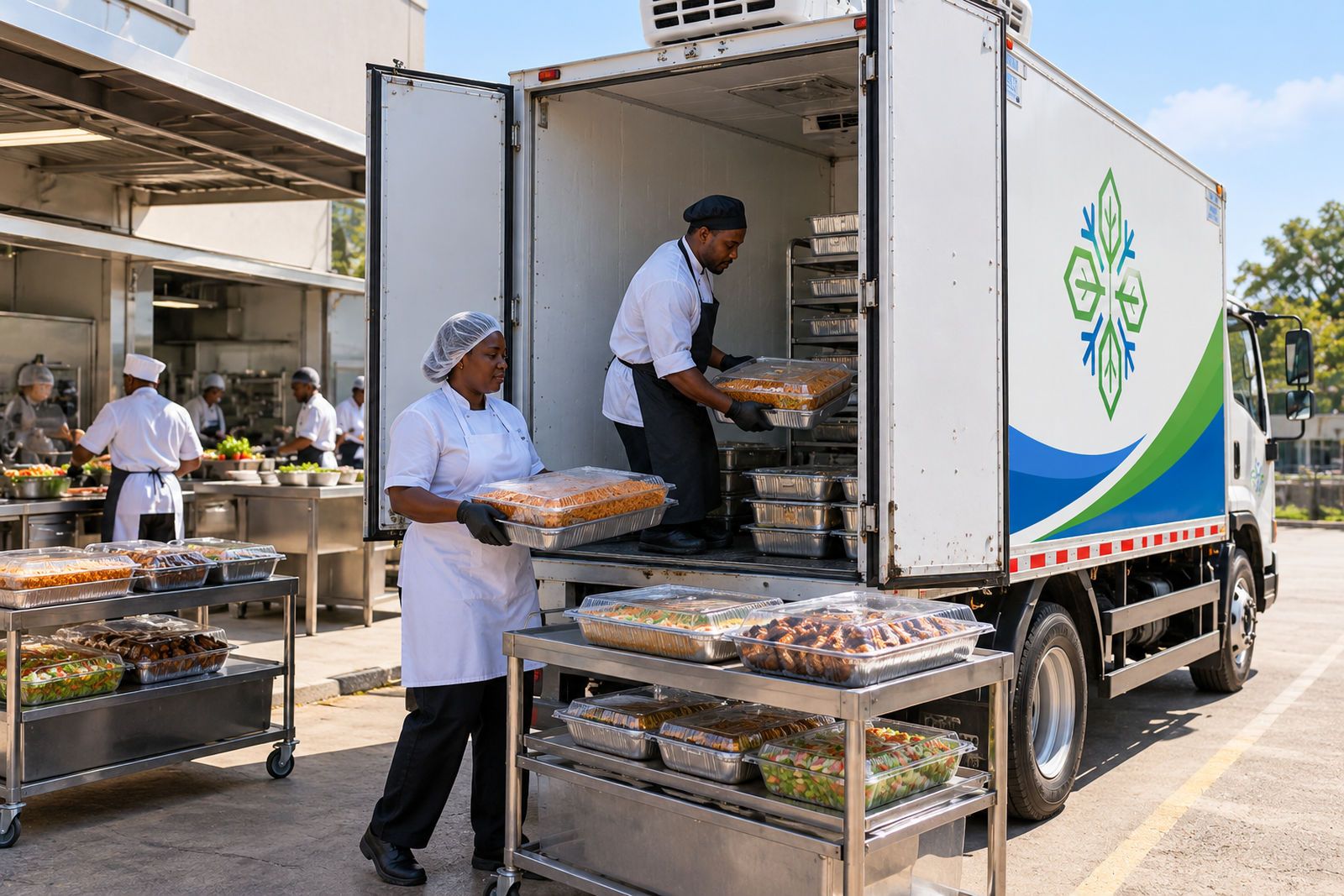 Caterers loading covered trays of food into a refrigerated truck
