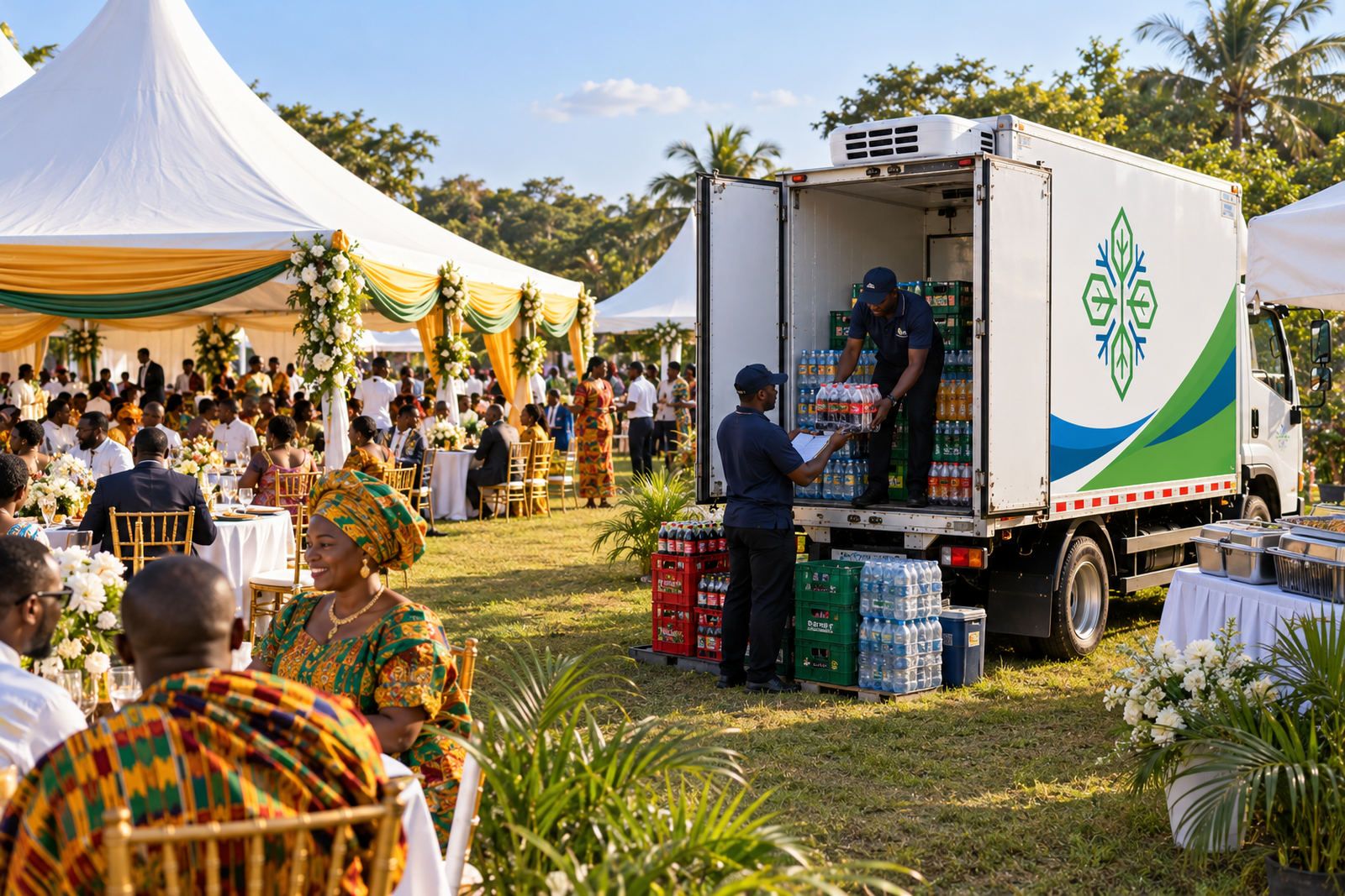 A refrigerated truck parked beside a large outdoor event tent with guests