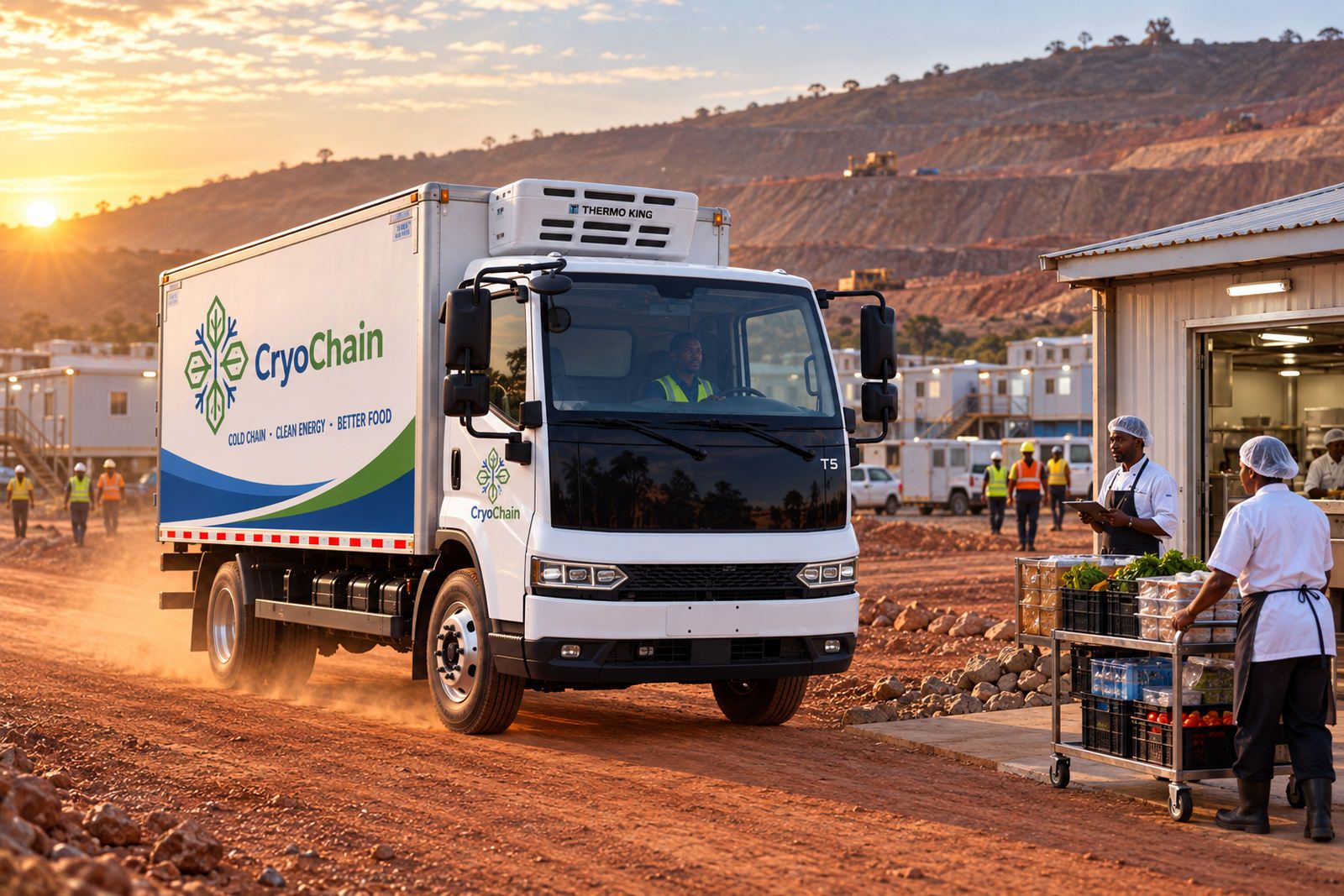 A refrigerated truck arriving at a remote mining camp kitchen