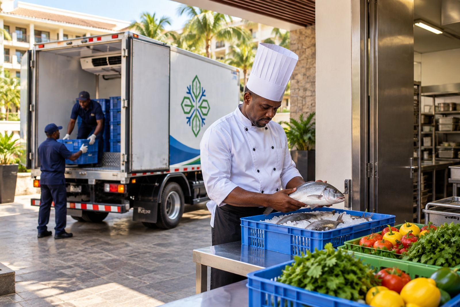 A chef checking a crate of fresh fish at a hotel kitchen door