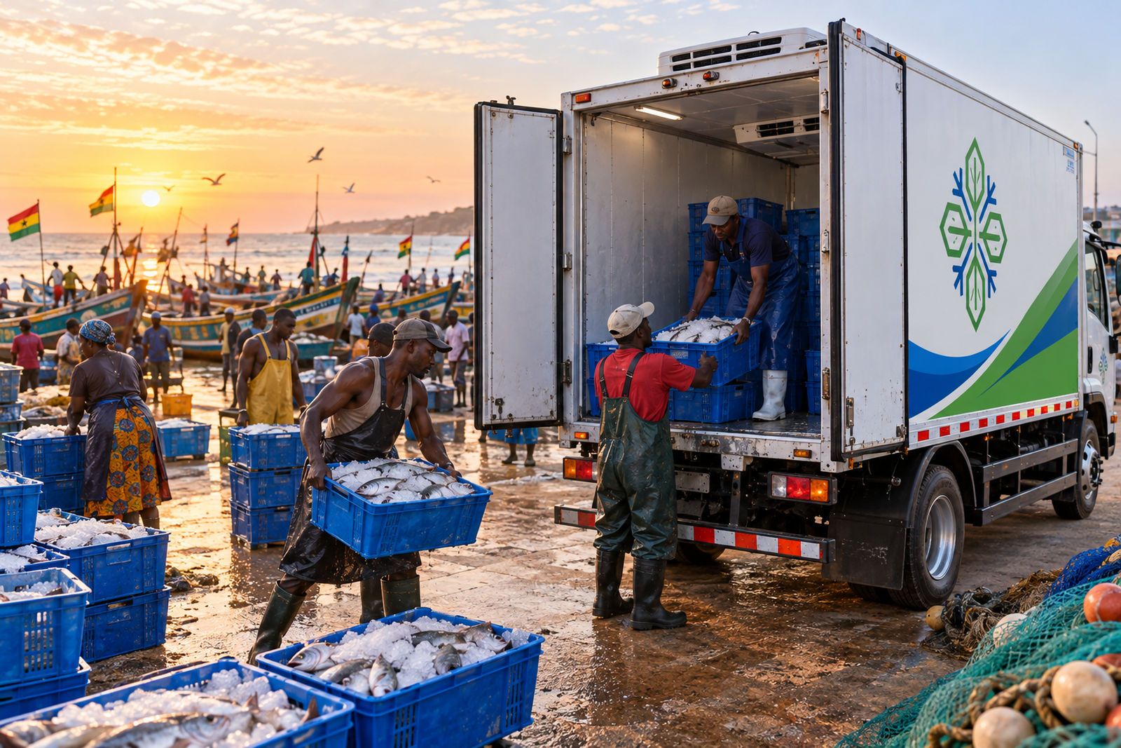 Fish traders loading iced fish into a refrigerated truck at a beach landing