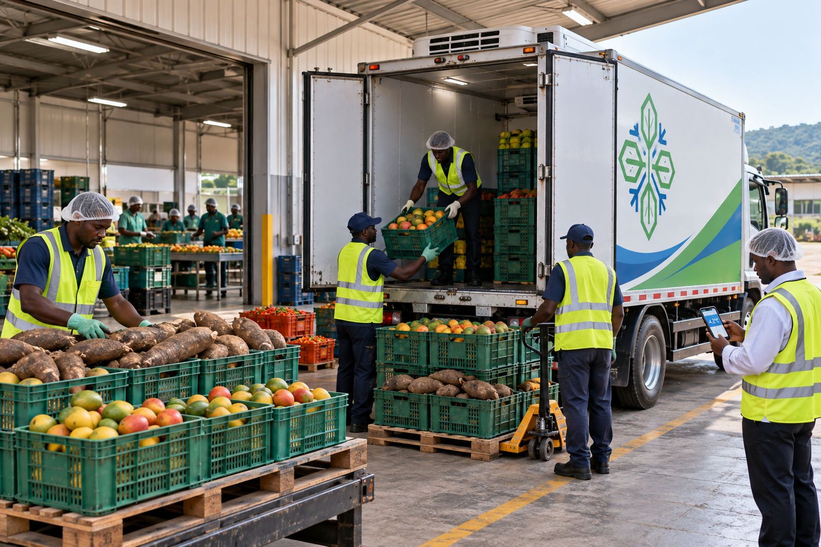 Crates of yams and mangoes being unloaded at an export packhouse