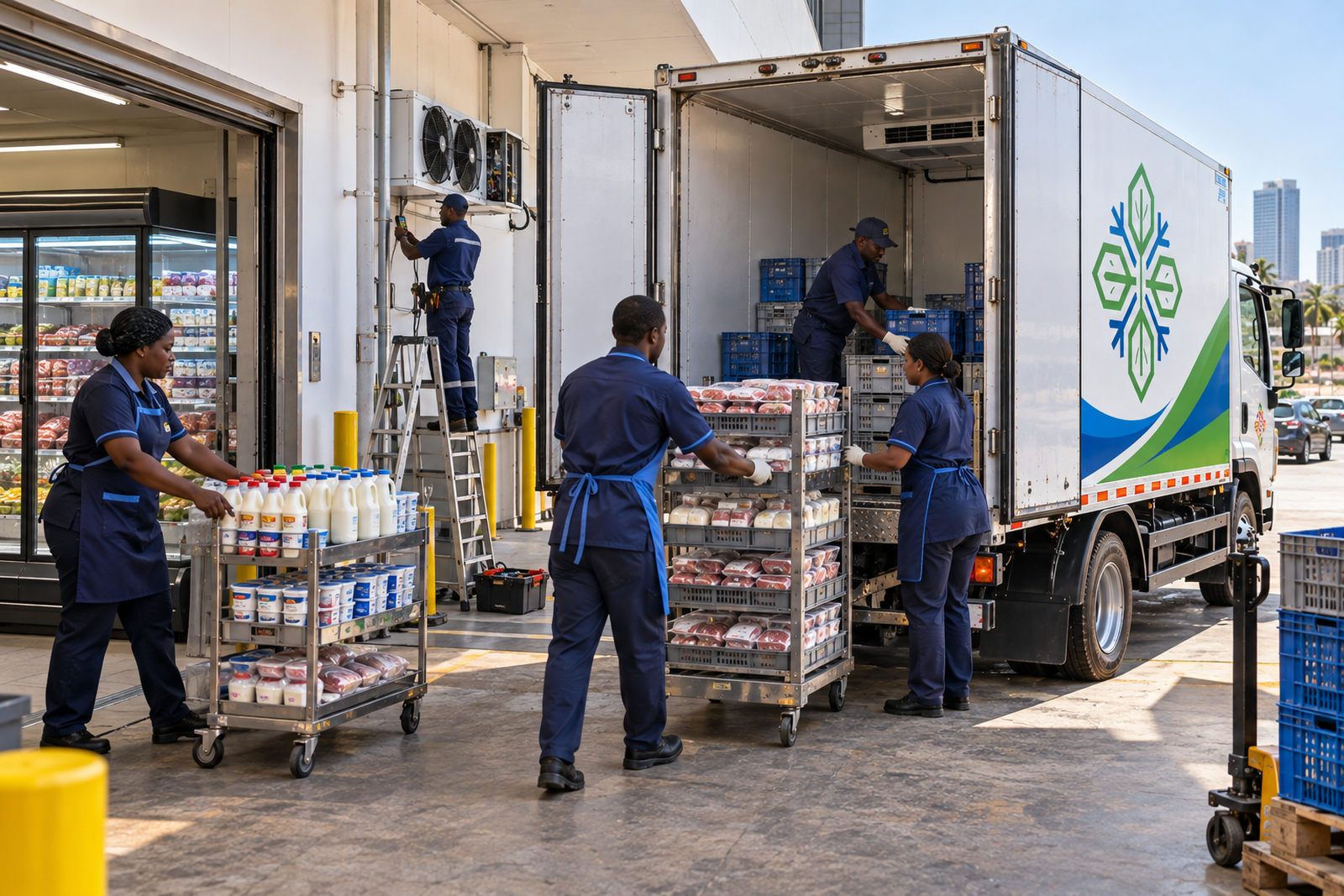 Supermarket staff moving chilled stock from a broken display into a refrigerated truck
