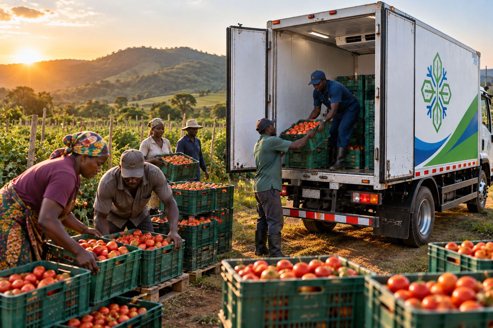 Farmers loading crates of tomatoes into a refrigerated truck at a field edge
