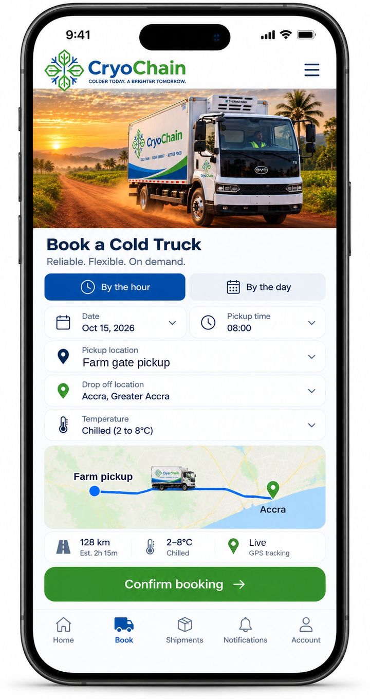 The CryoChain app showing a cold truck booking by the hour or the day