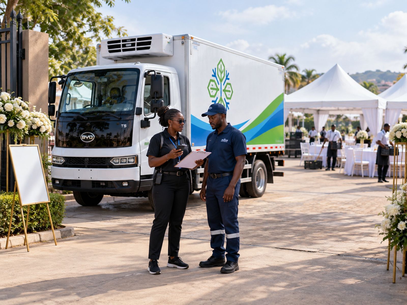 An event planner checking a list beside a parked refrigerated truck