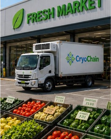 A CryoChain refrigerated truck delivering to a fresh market with crates of produce in front