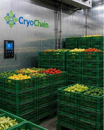 Inside a CryoChain cold room, with green crates of fresh produce stacked high
